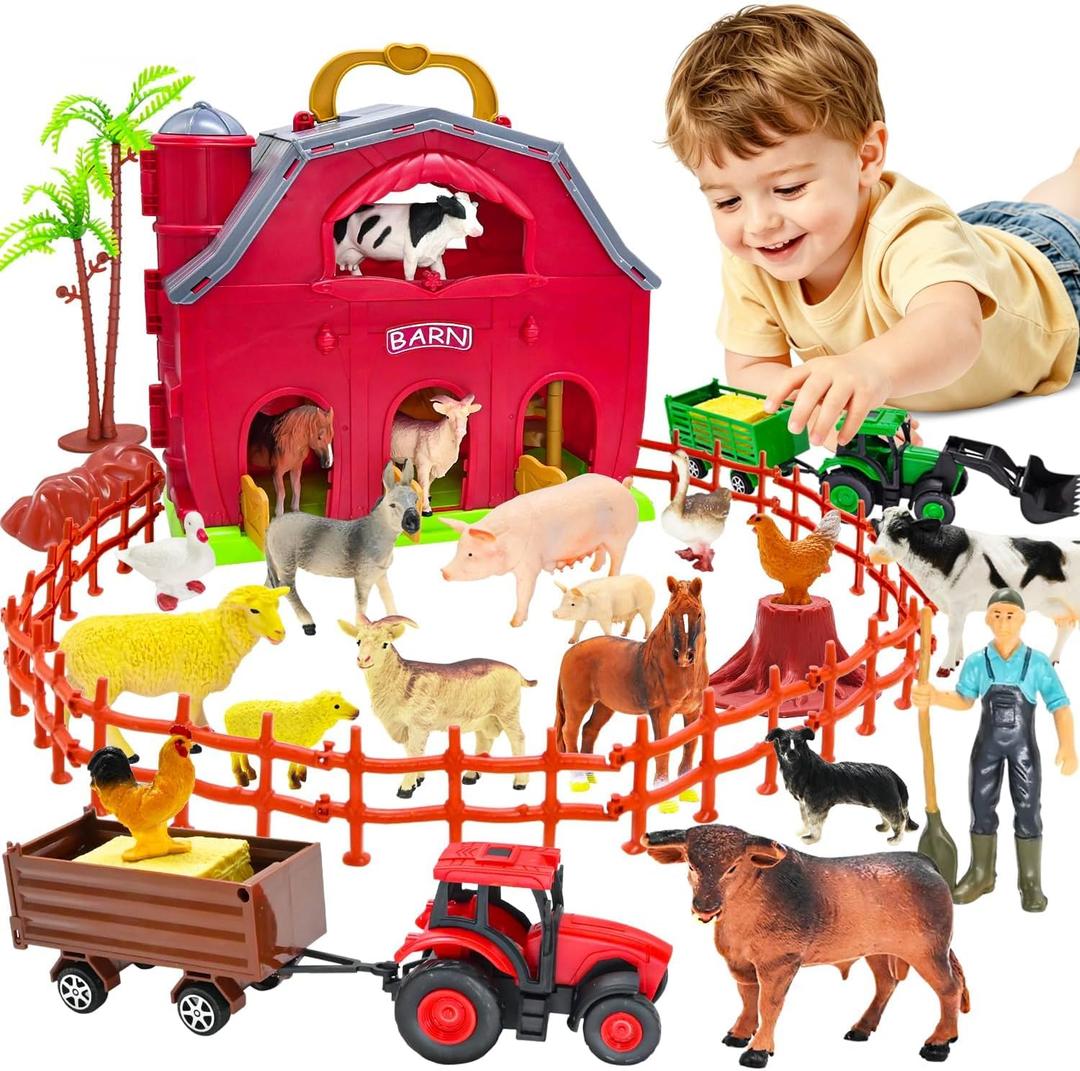BOLZRA Farm Animals Big Red Barn Toy for 1 2 3 4 5 Years Old Toddlers, Kids Farm Figures Fence Playset with Tractor, Preschool Montessori Learning Toys, Christmas Birthday Easter Gift for Boys Girls