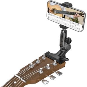 Guitar Phone Holder, [Strong Metal Clip] Guitar Phone Mount for Electric Guitar, Ukulele, Bass, Mandolin, Banjo, Sitar, Compatible with iPhone 16 Pro Max, Galaxy and All 4-7" Smartphone