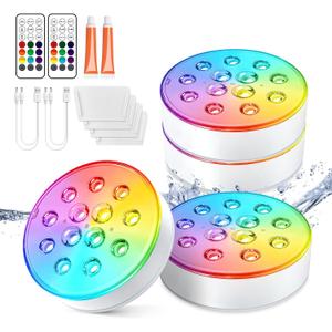 LOFTEK Pool Lights, Rechargeable Submersible LED Lights with Remote, IP68 Waterproof, 16 Colors Underwater Pool Light for Above Ground Inground Pool, Hot Tub, Shower, Bathub, Party, Vase, 4 Packs