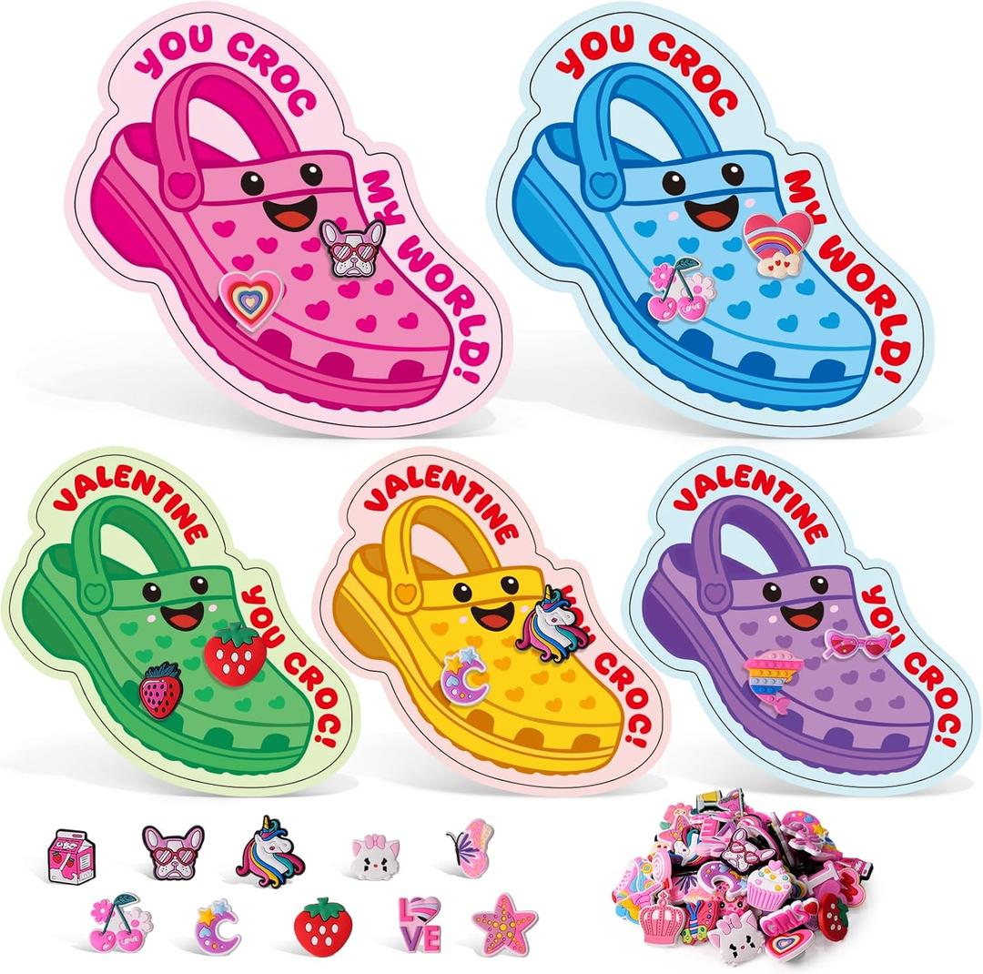Zesua Valentines Day Cards for Kids School - Valentines Day Gifts for Kids - 30 Pcs Valentine Cards with 60 Shoe Charms - Cute Valentine Gifts for Classroom Exchange Boys Girls Toddlers Party Favors