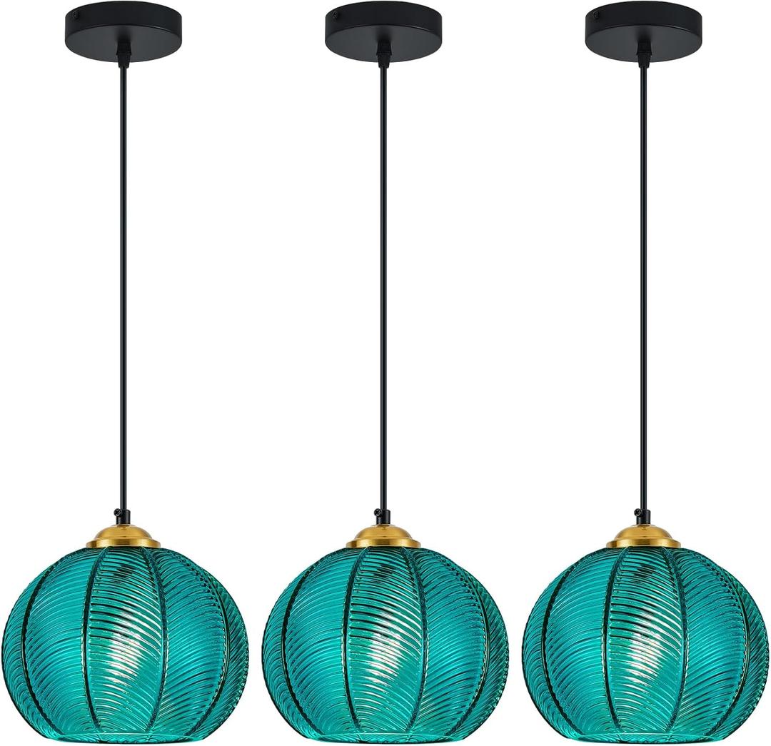 Cyan Blue Glass Pendant Lights Kitchen Island 3 Pack 7.87 in Hand Blown Glass Globe Pendant Light Fixtures Modern Pendant Lighting for Kitchen Island Bedroom Dining Room