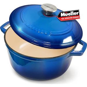 Mueller 6 Qt Enameled Cast Iron Dutch Oven, Heavy-Duty Casserole Dish and Braiser Pan with Lid and Stainless Knob, Safe for All Cooktops (Aqua Blue)