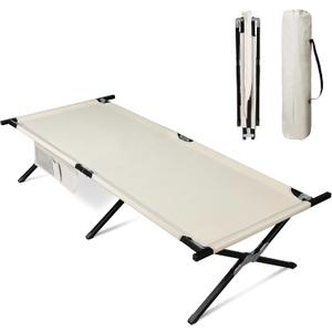 WLIVE Military Camping Cot, Portable Folding Cots for Sleeping with Carry Bag, Outdoor Camping Bed for Adults with Side Pocket, Support 300 Lbs, Silver Greige