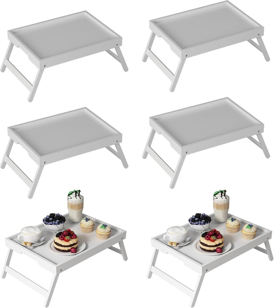 Bed Tray Table with Folding Legs, Bamboo Breakfast in Bed for Kitchen Serving Tray, Sofa, Eating, Used As Laptop Desk Snack Tray (6 Pack, White Color)