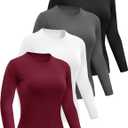 Dalavch 4 Pack Womens Long Sleeve Basic Shirts Crew Neck Slim Fitted Compression Gym Workout Athletic Underscrubs Tops, Medium
