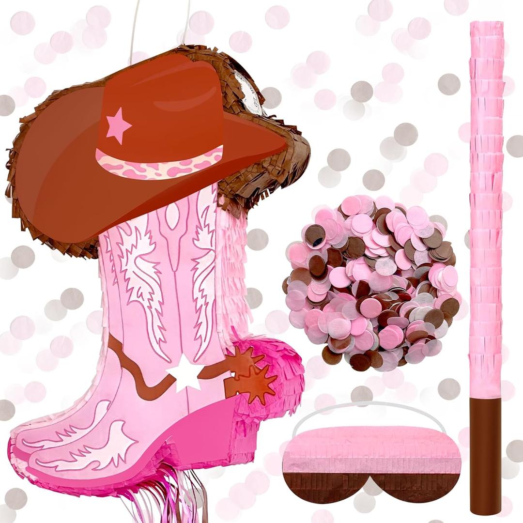 4 Pcs Cowgirl Boot Pinata Set Include 15.7 x 11.8 inches Brown Western Piata with Stick Confetti and Mask Western Birthday Party Decorations for Photo Prop Candy Holder Party Supplies(Cowgirl Boot)