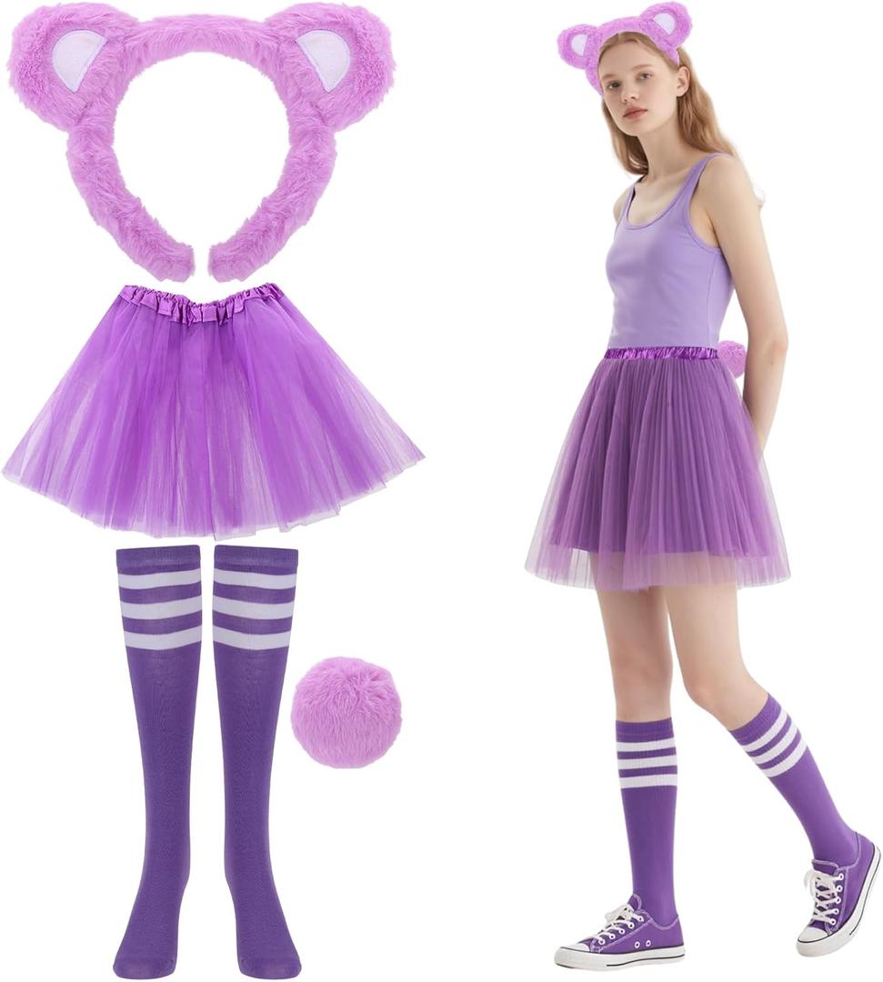 4 PCS Bear Costume include Bear Ears Headband Tail Tutu Skirt and socks for Halloween Cosplay Party (Purple)