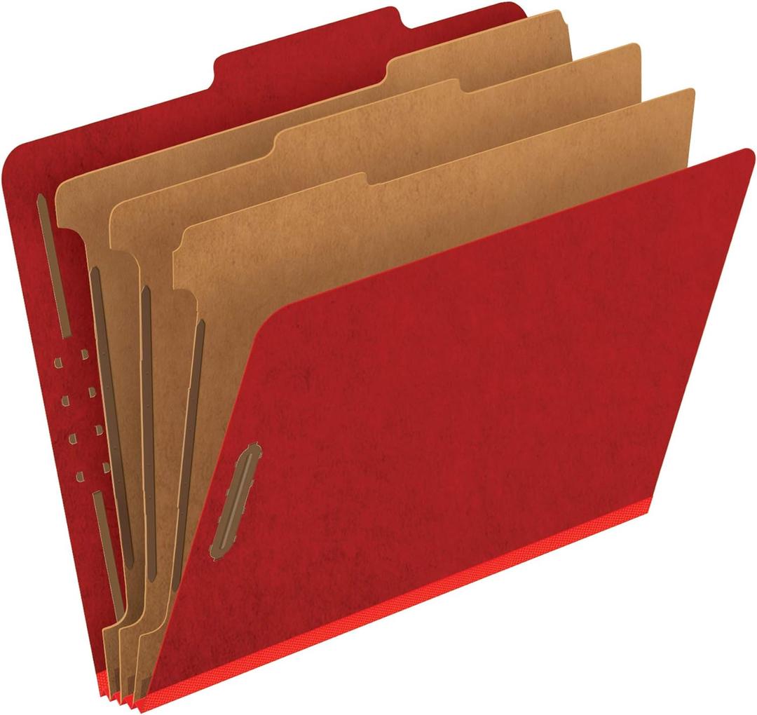 Pendaflex Pressboard Classification File Folders, 3 Dividers, 2" Embedded Fasteners, 2/5 Tab Cut, Letter Size, Bright Red, Box of 10