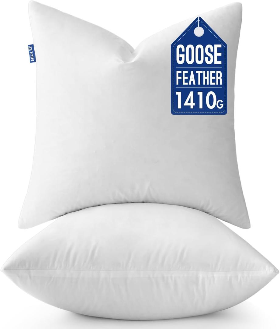 MIULEE 24 x 24 Goose Feather Down Pillows with 100% Cotton Cover, Set of 2 Soft Fluffy Decorative Pillow Inserts for Sofa Bed Couch Living Room White
