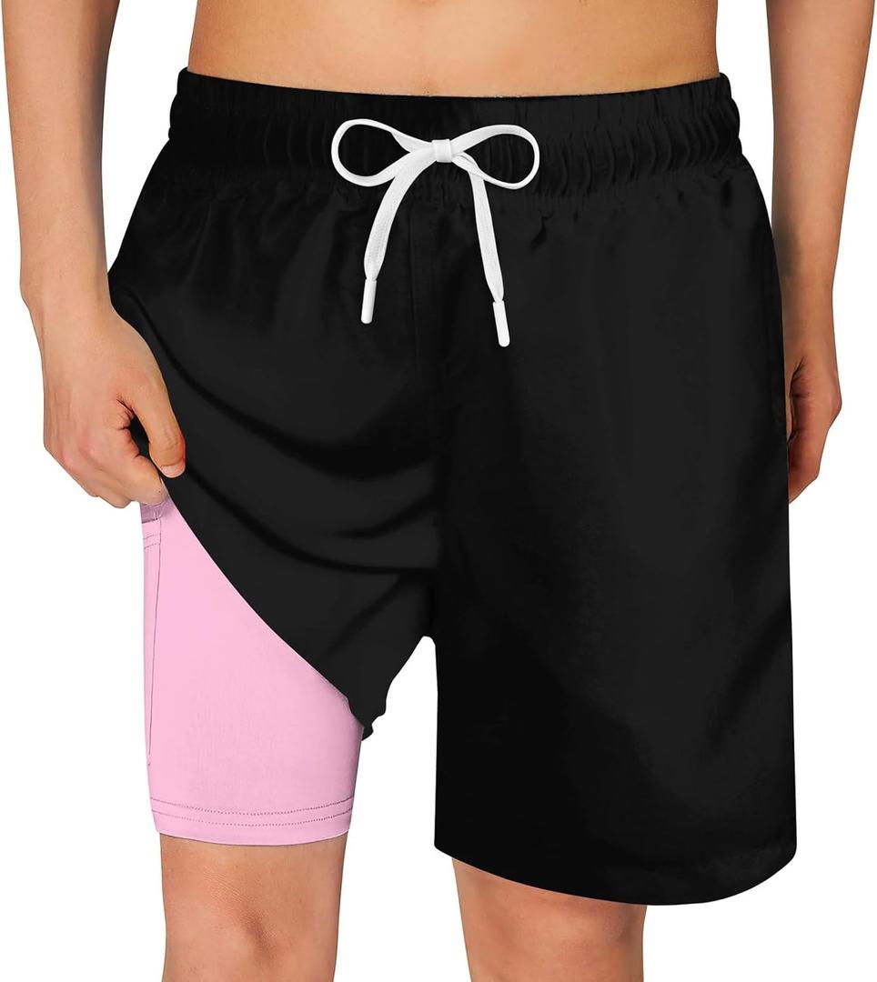 Cozople Boys Swim Trunks Quick Dry Compression Liner Swim Shorts Summer Bathing Suit with Inner Pocket Swimwear 7-20T (18 Years, Black-pink)