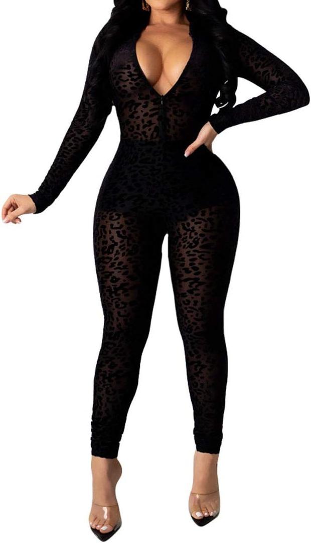 Uni Clau Women One Piece Outfits Mesh Sheer Bodycon Jumpsuit Long Sleeve See Through Party Club Outfits for Women (Large, Dark Black)