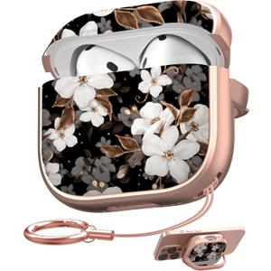 Maxjoy for AirPods 4 Case with Safety Lock, Cute Flower AirPod 4th Generation case Lock Hard AirPod 4 Cover for Women Girly with Keychain for AirPods 4th Generation Cover 2024, Floral (Black + White)