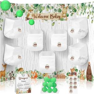 Ctosree 31 Pieces Woodland Animal Baby Shower Diaper Game 1 Diaper Baby Shower Game Board 7 Diapers 10 Plastic Balls 1 Organza Bag for Bridal Games Boy Girl