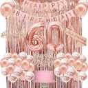 60th Birthday Decorations for Women, Rose Gold 60th Birthday Party Set with Crown, Sash, Cake Topper, Balloons, Banner, Fringe Curtains - Perfect 60th Birthday Party Supplies