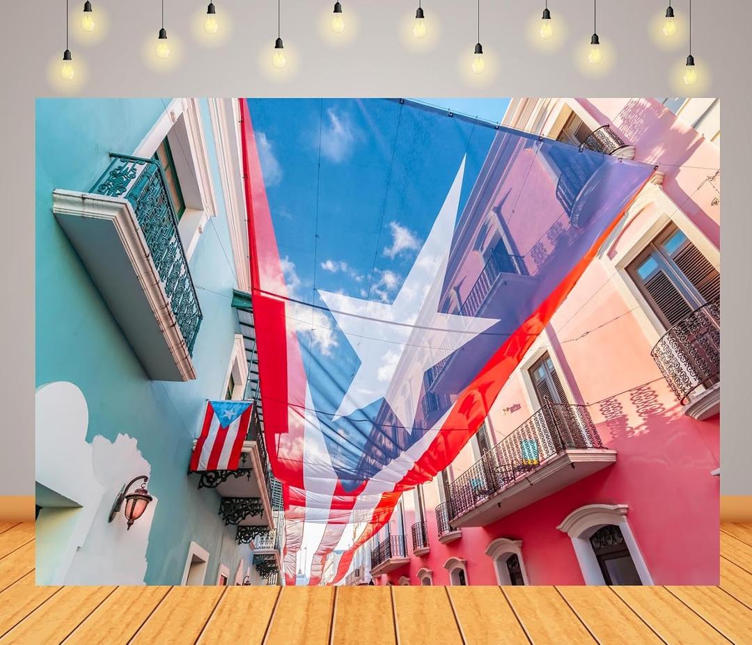 BELECO 8x6ft Fabric Puerto Rico Backdrop National Flag Above The San Juan Street Background Puerto Rico Party Decorations Patriotic Banner Photoshoot Booth Studio Props