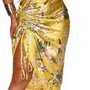 Women's Spaghetti Strap Satin Dress Sexy Backless Drawstring Ruched Split Hem Cocktail Evening Party M/L,02-flower Yellow