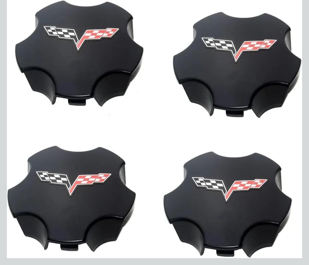 4Pc 2005 2006 2007 Corvette C6 Cross Flag Logo Wheel Center Hub Cap (Black Red)