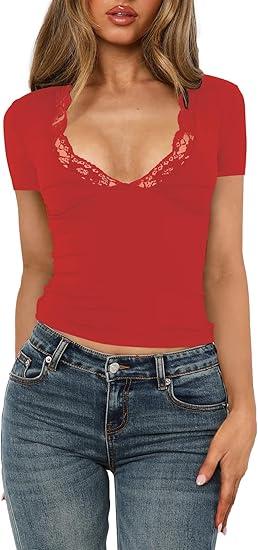 Women's Short Sleeve Sexy Lace V-Neck Summer Going Out 2025 Crop Tops Slim Fit Tees Trendy Y2k Clothing XS
