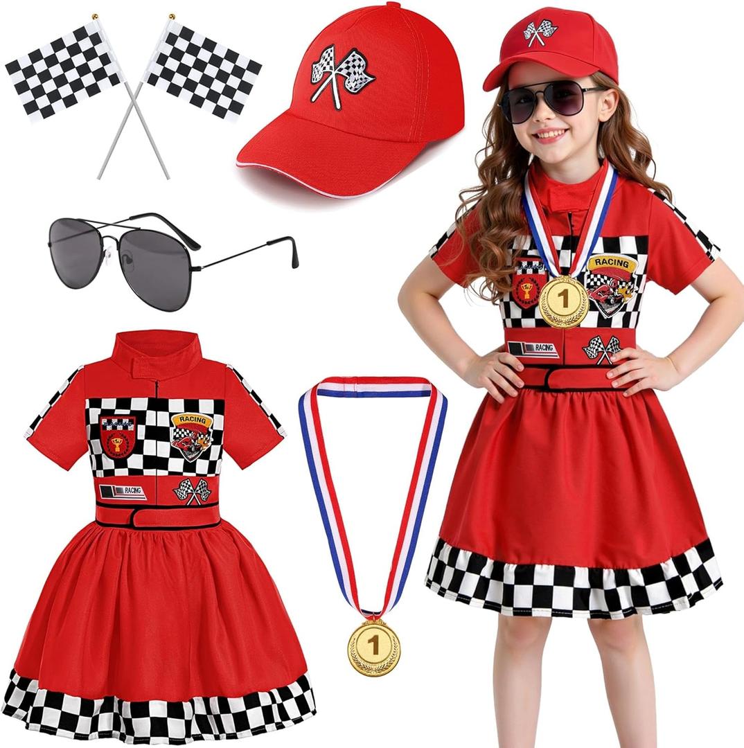Girls Race Car Driver Costume Racing Suit Racer Dress (3-4 Years, Red)