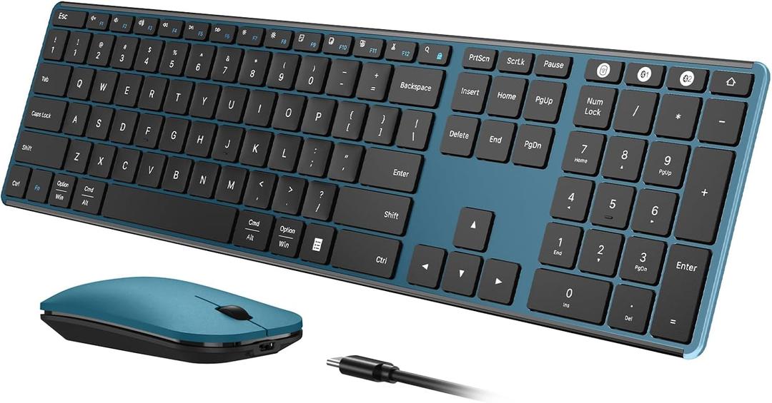 seenda Wireless Bluetooth Keyboard and Mouse Combo, SKM64-3 Rechargeable Slim Quiet Keyboard Mouse, 3 Multi-Device Connection, Compatible for Windows 11/10 PC Laptop Mac MacBook iPad, Black Blue