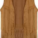 Womens Tassel Fringe Vest Sleeveless Western Cowgirl Vest 70s Costume Tops Hippie Jacket for Halloween, Brown, 2XL