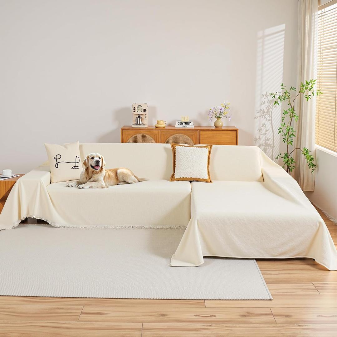 MYSKY HOME Couch Cover for Sectional Sofa, 2 Pieces Chenille Couch Covers for L Shape Sofa Cover, Furniture Protector for Pets, Kids, Sofa Slipcover for 2-3 Cushion Couch (71"x118"+71"x118", Beige)
