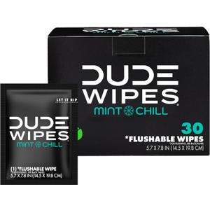 DUDE Wipes On-The-Go Mint Chill Travel Wipes - 30 Count (Individually Wrapped) - Extra-Large Adult Flushable Wipes - Infused with Tea Tree Oil, Vitamin E, and Aloe - Septic and Sewer Safe