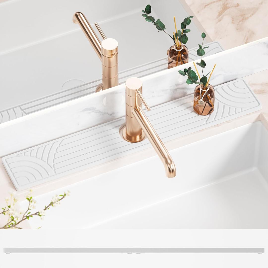 Faucet Mat for Kitchen Sink, Water Absorbing Stone Tray for Sink, 23.6" Long Diatomite Fast Drying Stone Mat, Splash Guard Faucet Mat for Bathroom Counter (White)