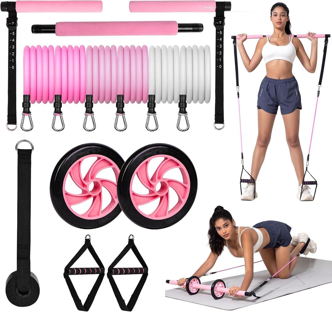 Pilates Bar Kit with Resistance Bands, Pilates Equipment Exercise Bars with Rollers for Abdominal Exercise, Portable Home Gym Equipment, Men's and Women's Total Body Exercise Equipment (pink)