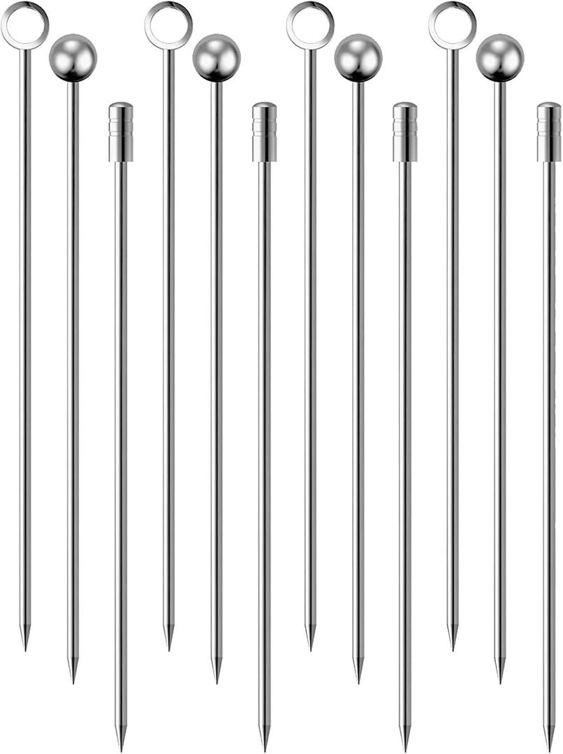 OGGI Metal Cocktail Picks Sticks 12 pcs - Stainless Steel Martini Picks, Reusable Metal Cocktail Skewers, Martini Sticks for Olives, Appetizers, Bloody Mary, 4.25" / 11cm