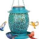 Solar Bird Feeder for Outdoors Hanging, Waterproof Metal Outside Wild Bird Feeders, Cardinals Birdfeeder, Gifts for Bird Lovers, Lantern Light, Backyard Garden Decor (Blue)
