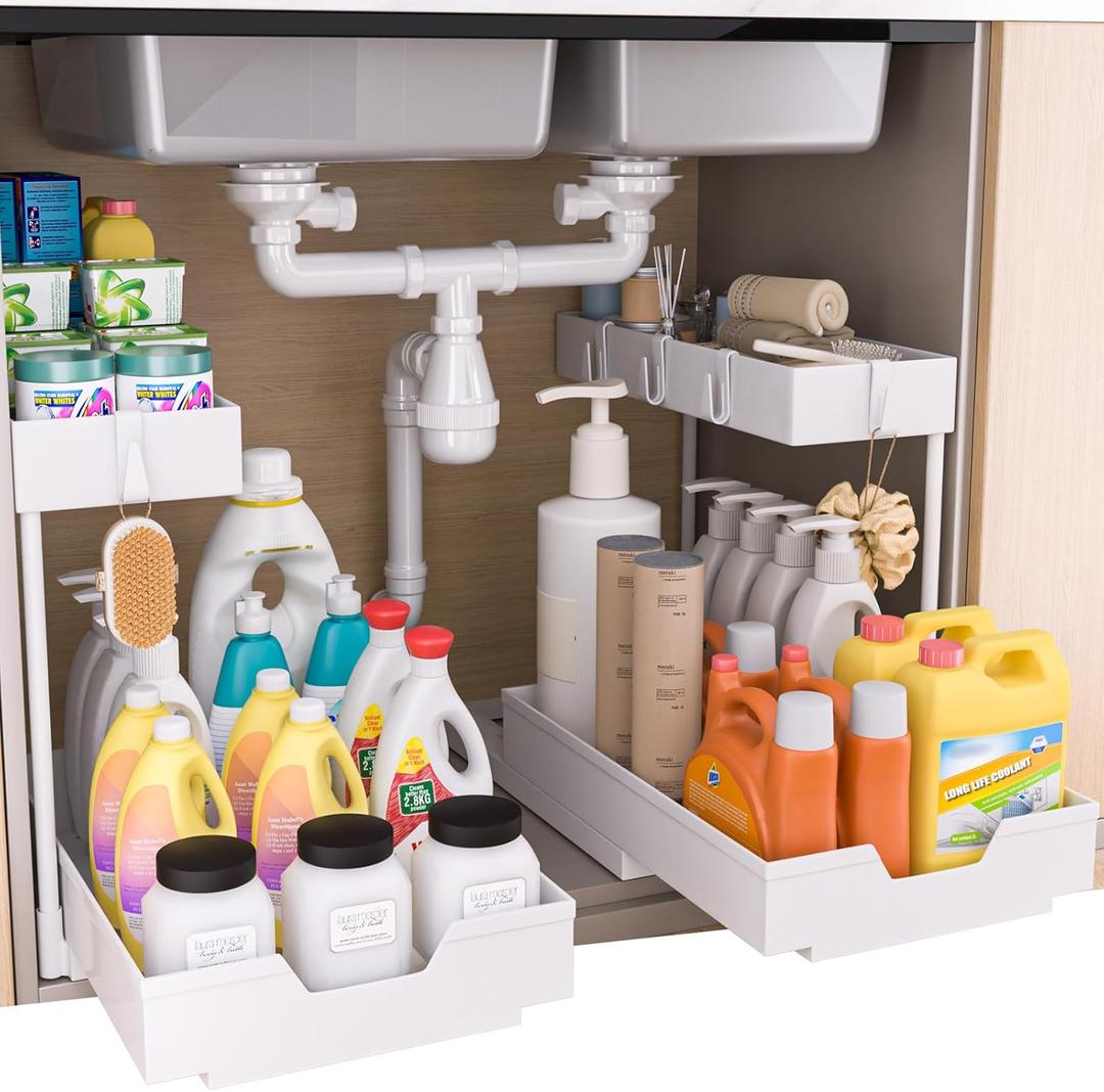 2-Tier Under Sink Organizers and Storage 2 Pack Sliding L-shape Under Cabinet Organizers For Narrow Space Multi-purpose Sink Organizer for Bathroom Kitchen Drawer(White 2 Pack)