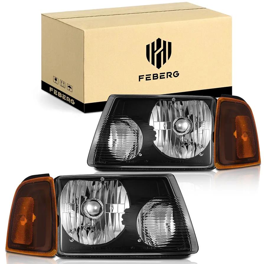 FEBERG [OE Style Anti-Yellowing for 2001-2011 ford Ranger Headlights Assembly,Headlamp Replacement for 01-11 ford Ranger Chrome Housing Amber Reflector Left+Right Pair Set