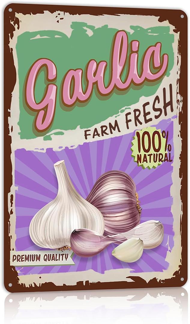 Vintage Vegetable Garlic Metal Tin Signs Wall Decor for Kitchen Garden Farm Fresh (12L" x 8W")