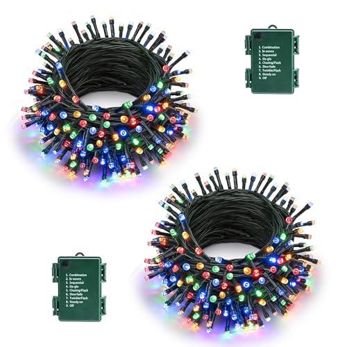 Battery Operated Christmas Lights - 2 Pack Total 33ft 100 LED Battery String Lights 8 Modes Waterproof with Timer for Home, Garden, Party, Holiday, Christmas Tree Decoration (Green Wire, Multicolor)
