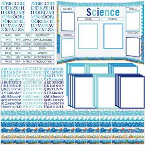 96 Pcs Science Fair Board Supplies 60 Trim Scalloped Poster Boards 24 Presentation Border Stickers 4 Self Adhesive Project Titles 8 Letter Sticker for Classroom Display(Ocean Style)