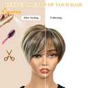 QUEENTAS Short Hair Wigs for Women Brown Bob with Bangs Pixie Cut Wig Synthetic Hair Wigs Daily Use or Cosplay (Dark Brown Highlingt Blonde)