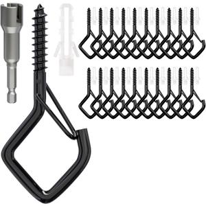 20 PCS Screw Hooks with Safety Buckle, Heavy Duty Ceiling Hooks for Hanging Outdoor String Lights, Plants, Wind Chimes, 2.36 inches, Black