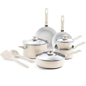 GreenPan Dover Healthy Ceramic Nonstick, 12 Piece Cookware Pots and Pans Set, PFAS-Free, Dishwasher Safe, Comfort Grip Handle, Cream White