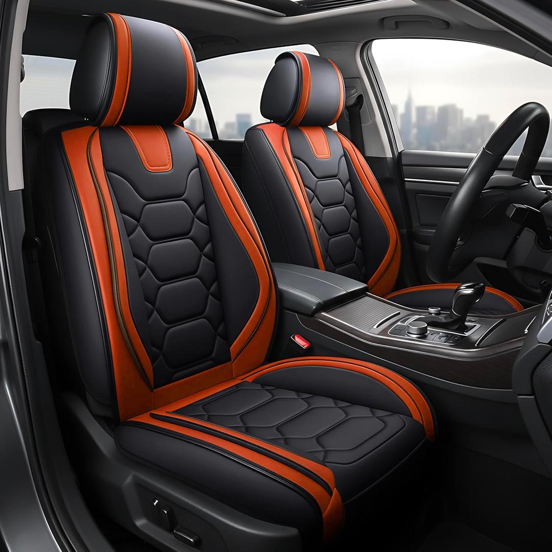 OASIS AUTO Car Seat Covers Full Set, Waterproof Faux Leather Seat Covers for Cars Universal Fit for SUV, Truck, Sedan, Black Premium Car Seat Protector with Front & Back Cushions (Orange)