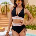 Blooming Jelly Women High Waisted Bikini Sets Tummy Control Swimsuits Color Block Two Piece Drawstring Bathing Suit (Black, L)