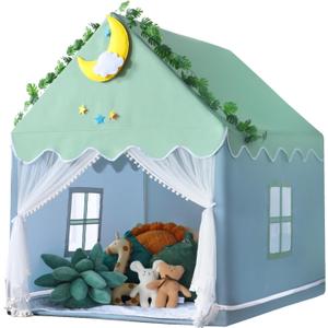 Wilwolfer Kid Tent with Mat, Star Lights - Kids Play Tents for Toddlers Kids Tents Indoor Playhouse - Princess Tent for Girls Toy House Gift (Green with Mesh)