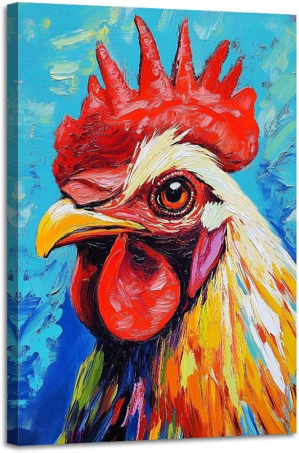 Rooster Kitchen Wall Art Farm Animal Picture Prints Colorful Chicken Rooster Paintings for Farmhouse Kitchen Dining Room Decor Framed(Rooster-2,16.00" x 24.00")