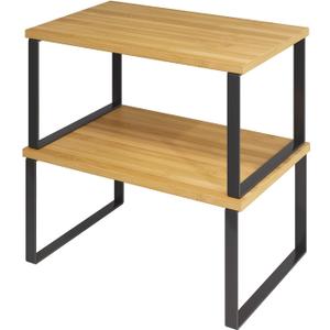 SUYU Kitchen Cabinet Organizer Shelf, Bamboo Spice Rack Set of 2, Space-Saving Countertop Organizer for Kitchen, Office, or Closet, Stackable and Nesting Shelves, Black and Natural SCW201H