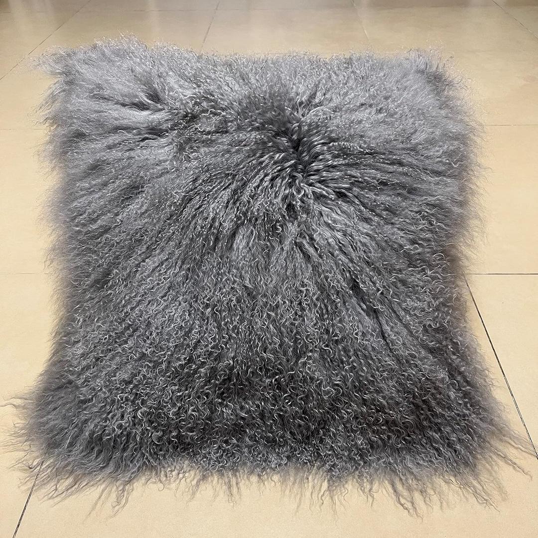 100% Real Mongolian Lamb Fur Cushion Cover/Pillowcase (Grey, 18x18inchs)
