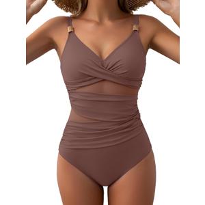 Women's Mesh One Piece Swimsuits Tummy Control V Neck Bathing Suit Sexy Push Up Swim Suit Slimming Swimwear (Brown, XL)
