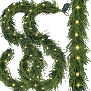 Pre-Lit Christmas Garland Decorations 2 PCS,6 FT Faux Led Norfolk Pine Garland Artificial Realistic, Real Touch Greenery Christmas Pine Garland Mantle Table Front Door Indoor Outdoor Holiday Decor