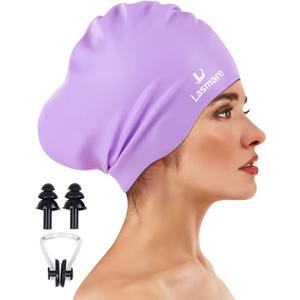 Large Long Hair Swim Cap with Extra Room for Women Men, Silicone Swimming Cap for Long Thick Hair with Ear Plugs Nose Clip Set, Adult Waterproof Swim Hats Bathing Caps to Keep Hair Dry(Light Purple)