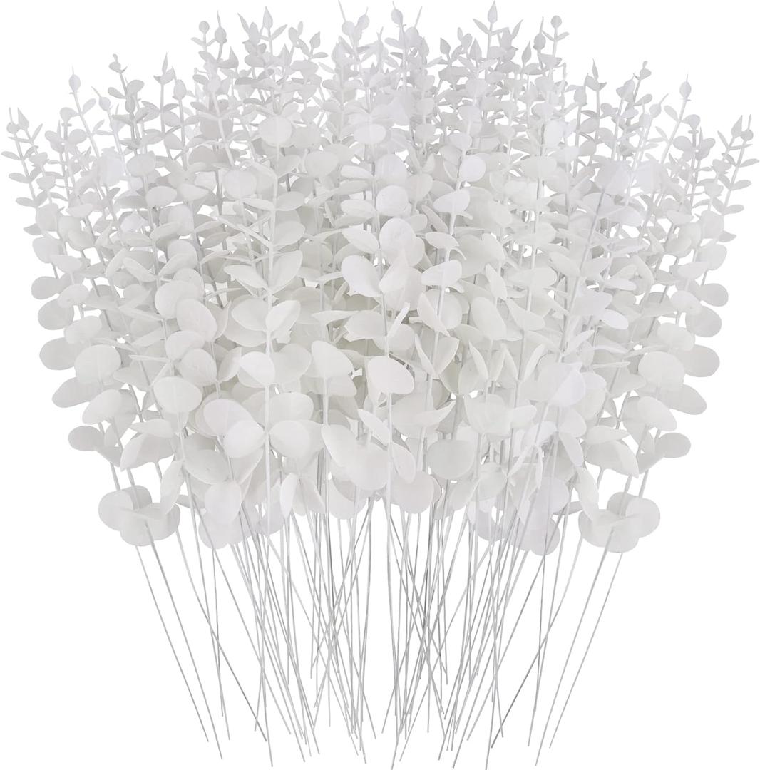 FEQO 72 Pcs White Eucalyptus Stems Artificial Leaves Faux Eucalyptus Stems Branches 15 inch for Wedding Bouquet Home Decor