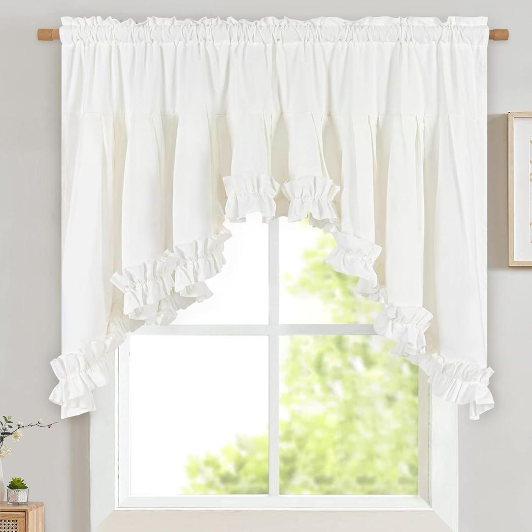 Likiyol Linen Valances for Windows Farmhouse Ruffle Swag Valance Rustic Country Window Valances Light Filtering Kitchen Curtains Rod Pocket Valance Curtains for Bathroom Cafe, White, 60" W x 36" L